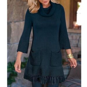 SOFT SURROUNDINGS navy fringe turtleneck sweater dress